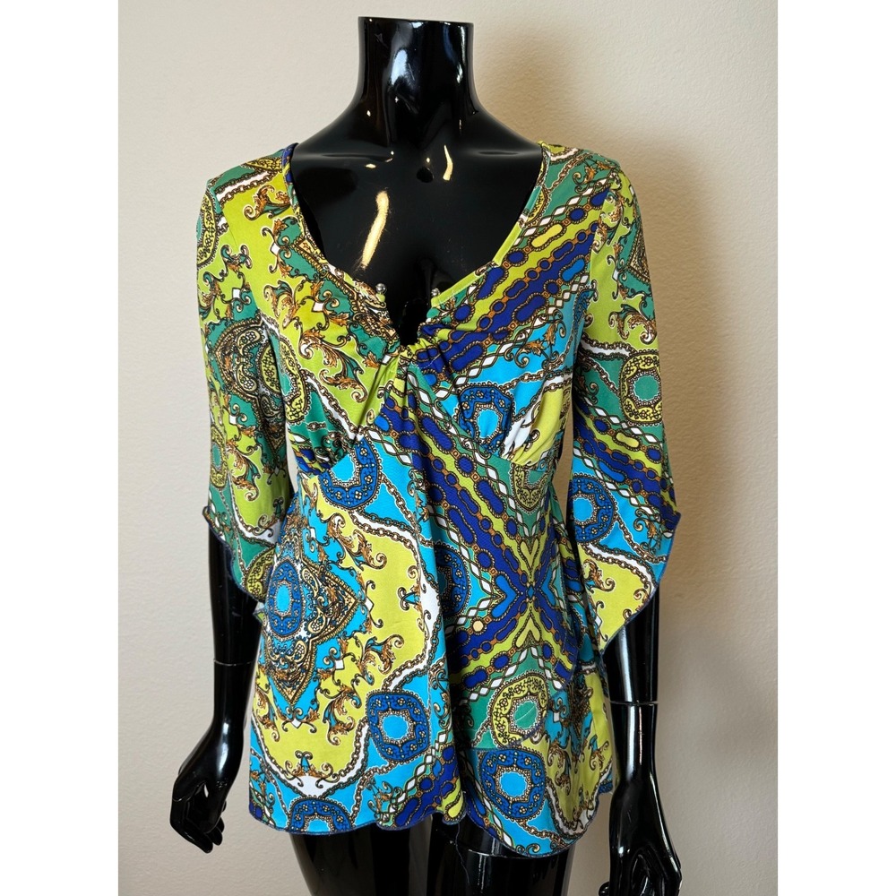 Live and Let Live Tunic Top Women's Small Green Blue Paisley Twist Front Blouse
